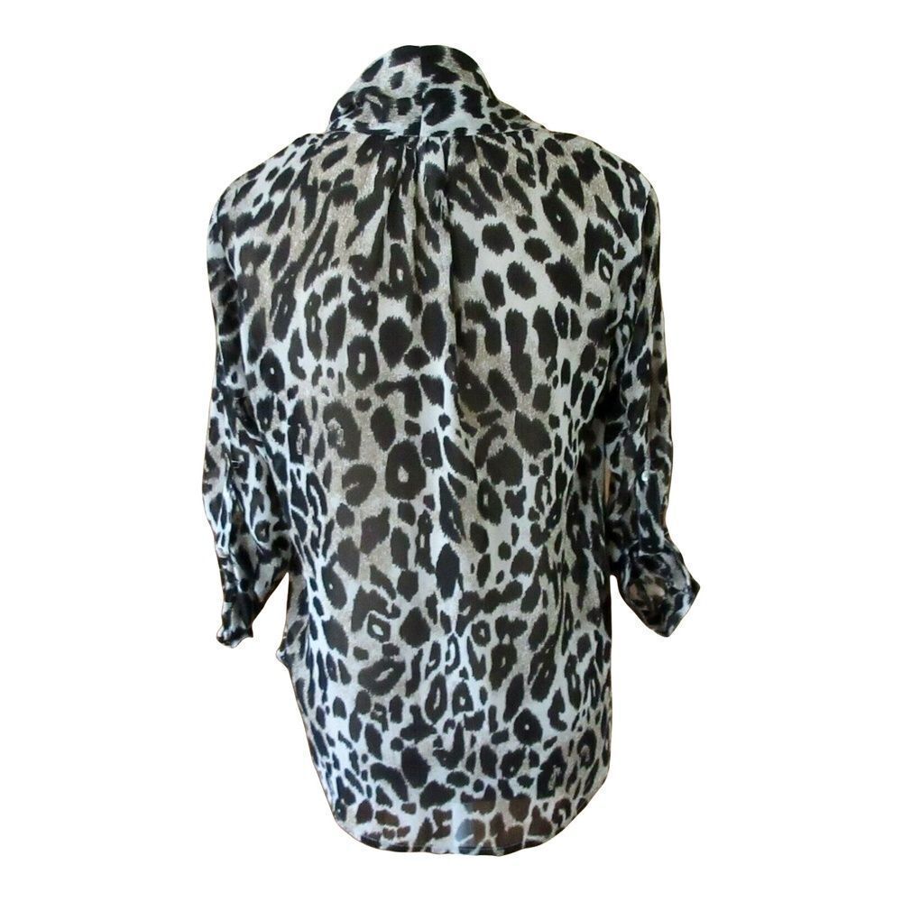 Mariol Womens Blouse Button Up Beige Black Leopard Print Tie Neck 3/4 Sleeve M - Picture 4 of 5